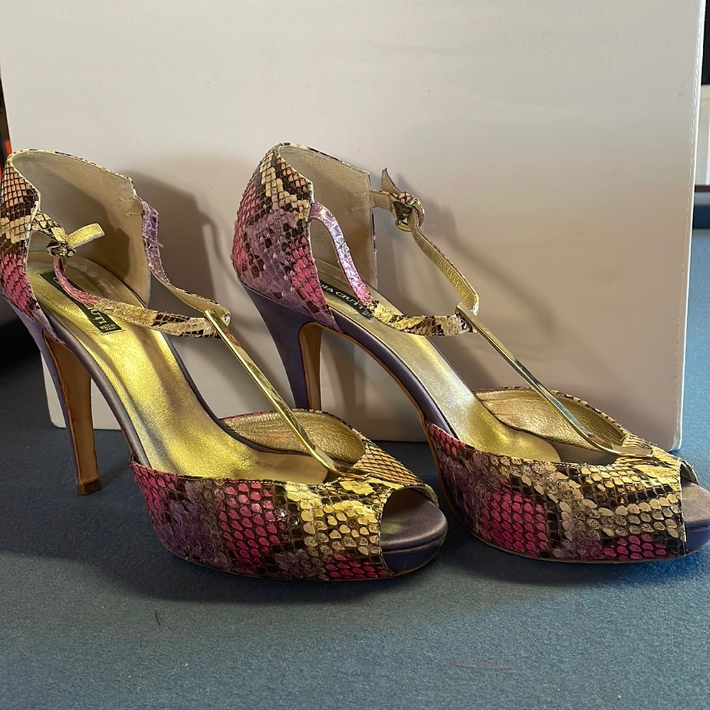 Claudia Ciuti Snakeskin and Satin t-strap heel.